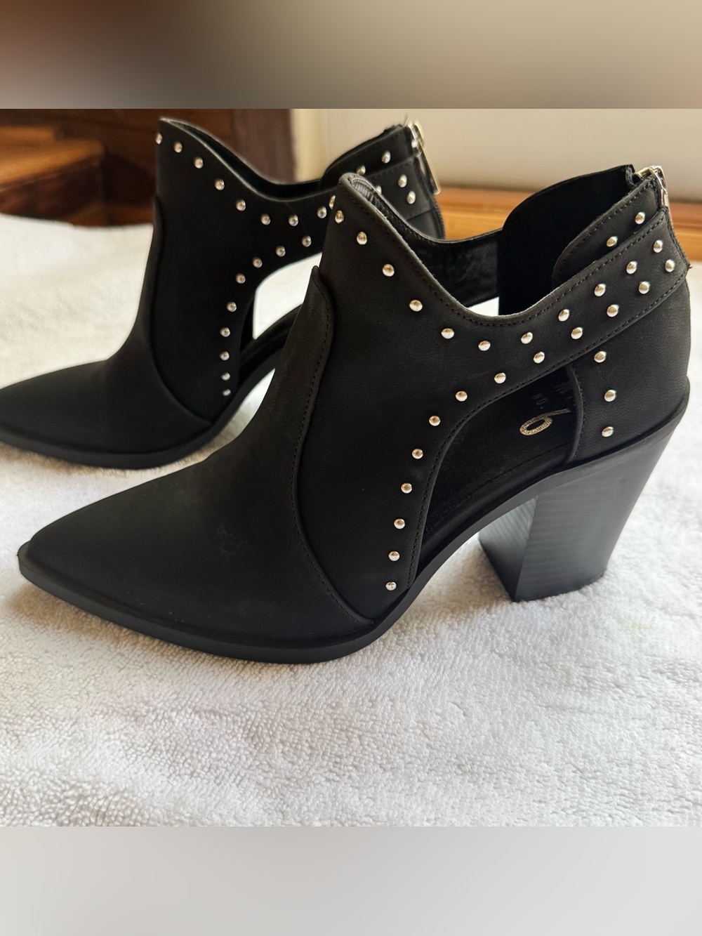 Black Studded Pointed Toe Cutout Heeled Ankle Boots